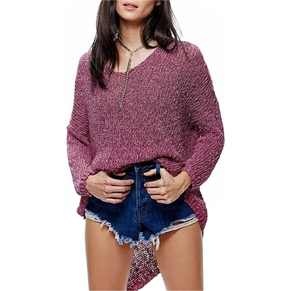 FREE PEOPLE Vertigo knit asymmetrical pullover oversized sweater purple Sz M NEW - Picture 5 of 7